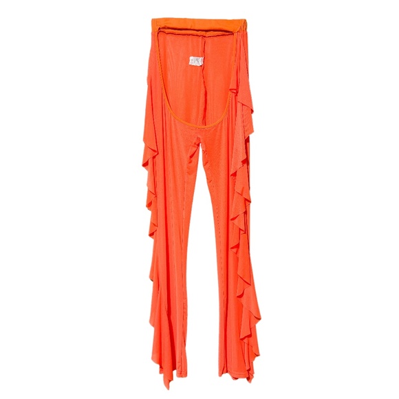 Sheer Mesh Neon Orange Ruffle Mesh Sheer Festival Cut Outs Swim Cover Pants Sz S - Picture 1 of 6